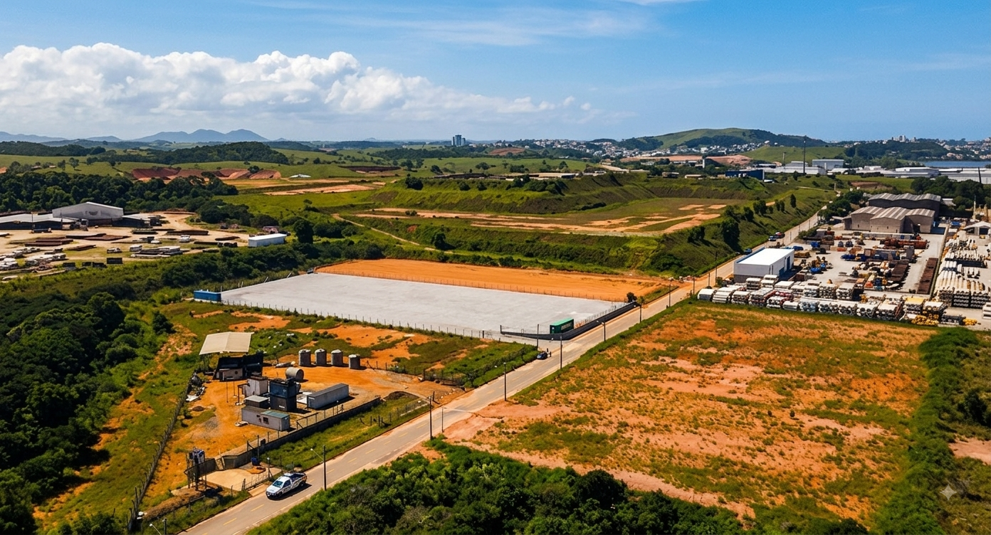 Vista aérea da área de armazenagem concretada da Easy Cargo, com terreno para expansão, em Macaé
