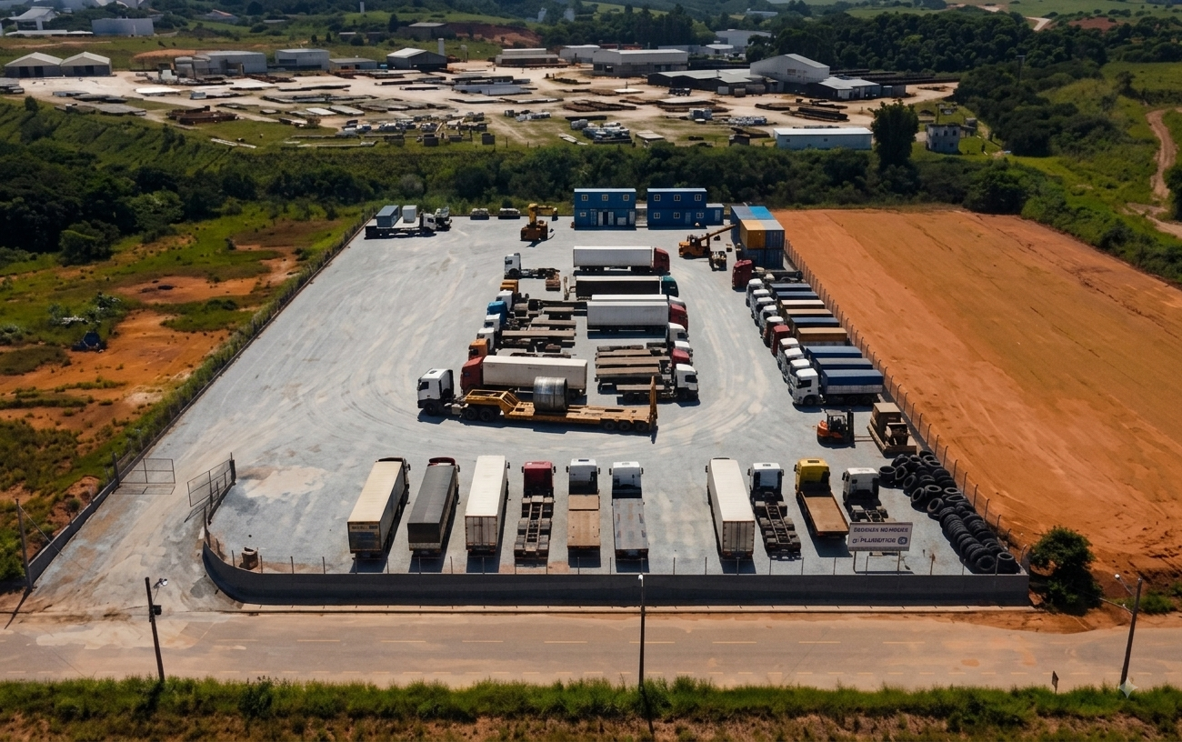 Vista aérea do pátio de armazenagem e frota de caminhões da Easy Cargo em Macaé